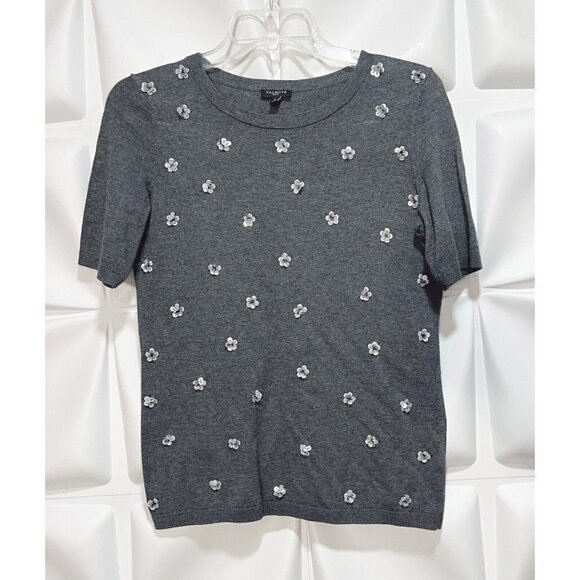 Talbots Sz PP PXS Gray Beaded Sequin Floral Short Sleeve Sweater Knit Blouse Top - Picture 1 of 7